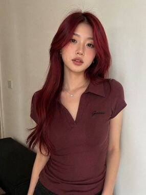 Guess Burgundy Ribbed Polo Top with Black Logo